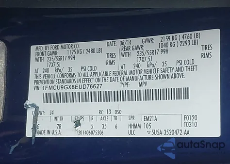 2014 Ford Escape Se z USA, uszkodzony, nr VIN 1FMCU9GX8EUD76627